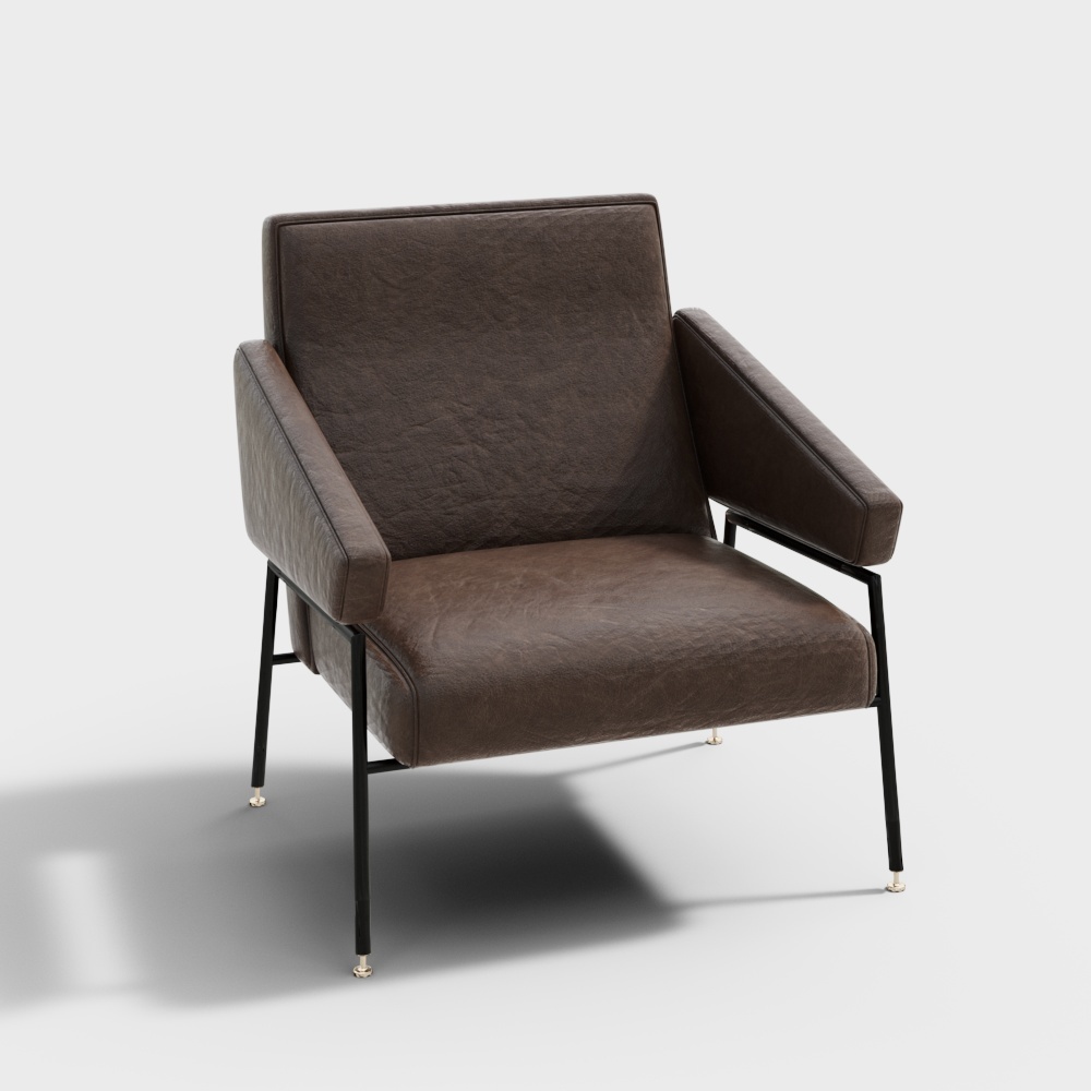 Modern brown leather armchair with black metal legs and gold feet on white background