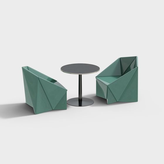 Two green geometric armchairs with small round black table on grey background