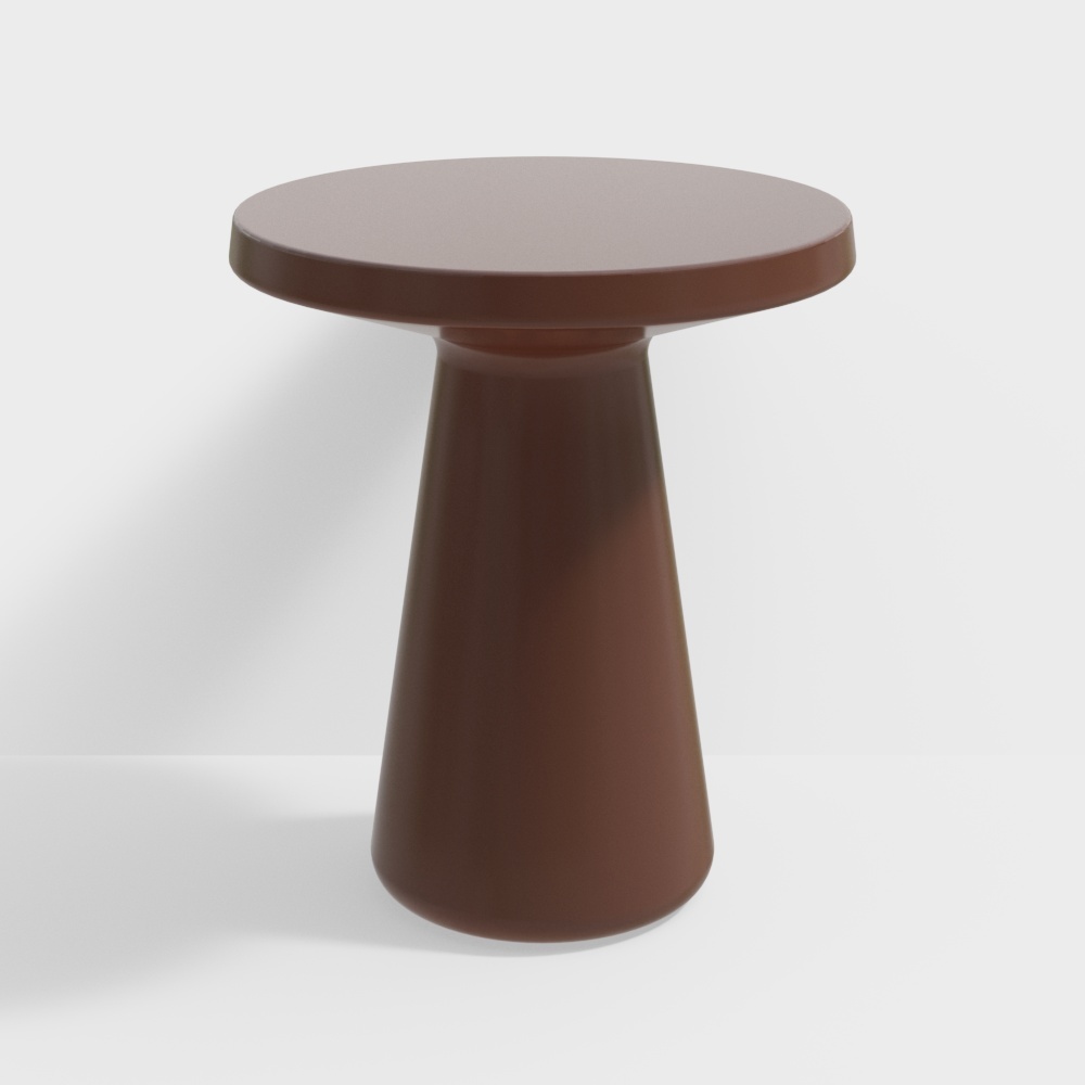 Modern round side table with brown finish and tapered base on white background