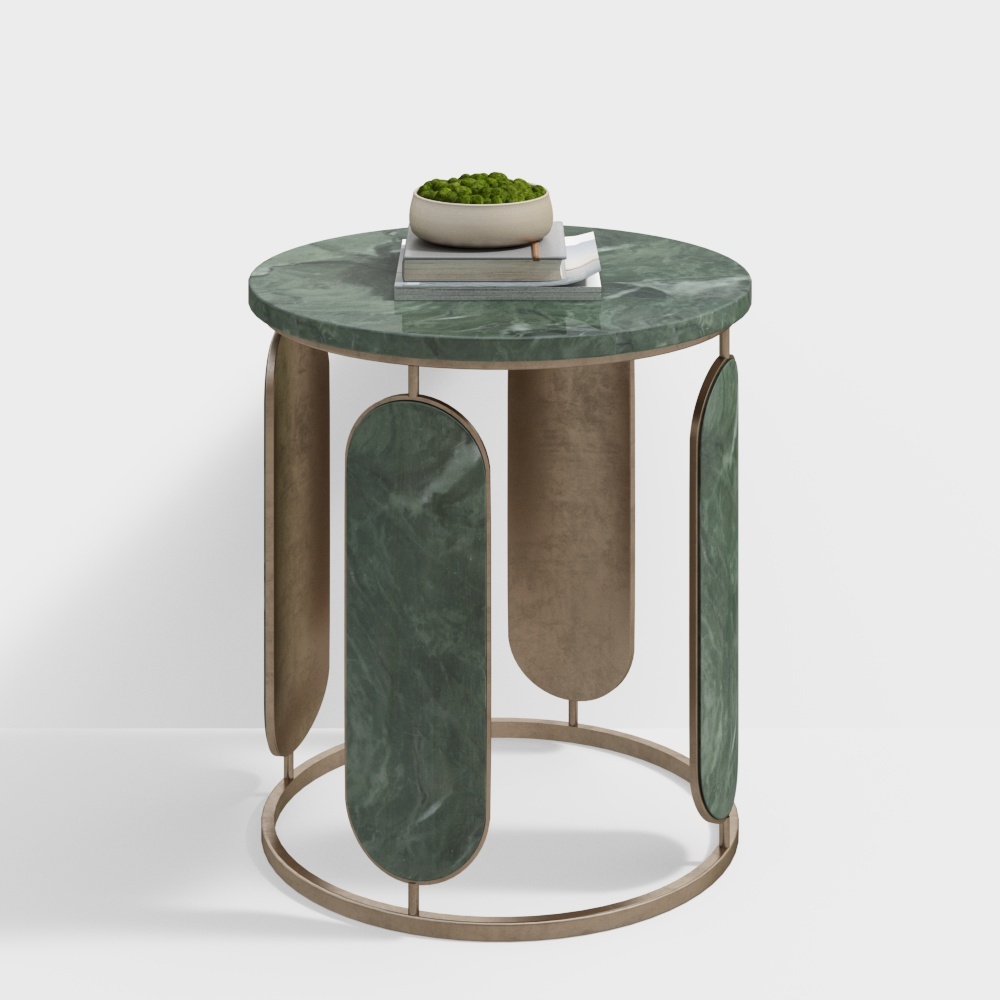 Modern round side table with green marble top and gold metal legs on white background