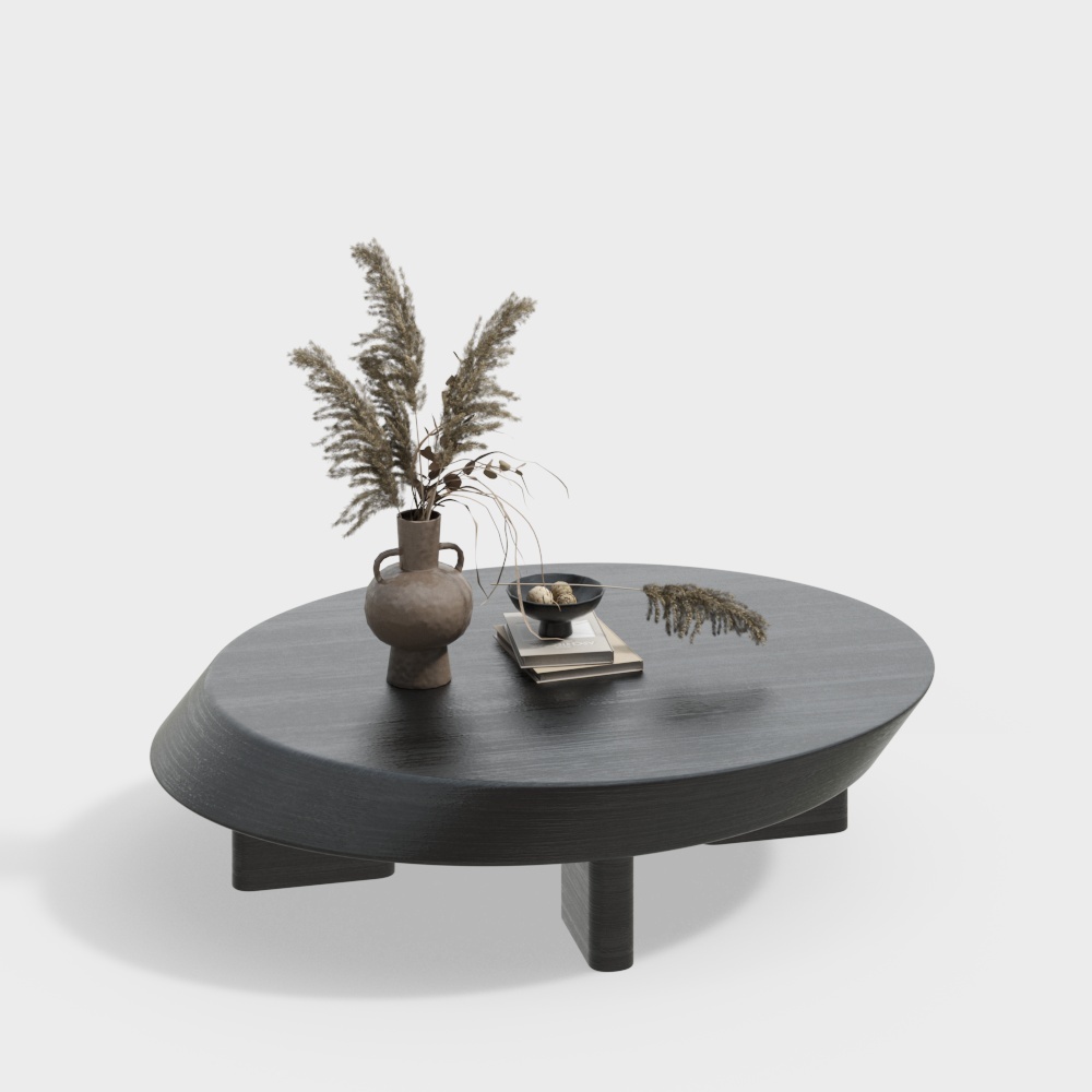 Modern black round coffee table with wood grain and vase on white background