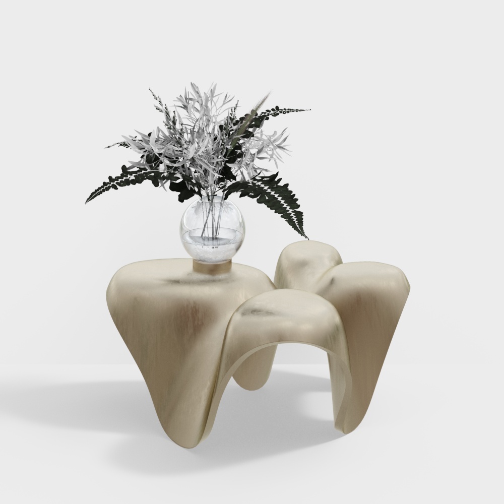 Modern beige sculptural side table with organic curves and glass vase on white background
