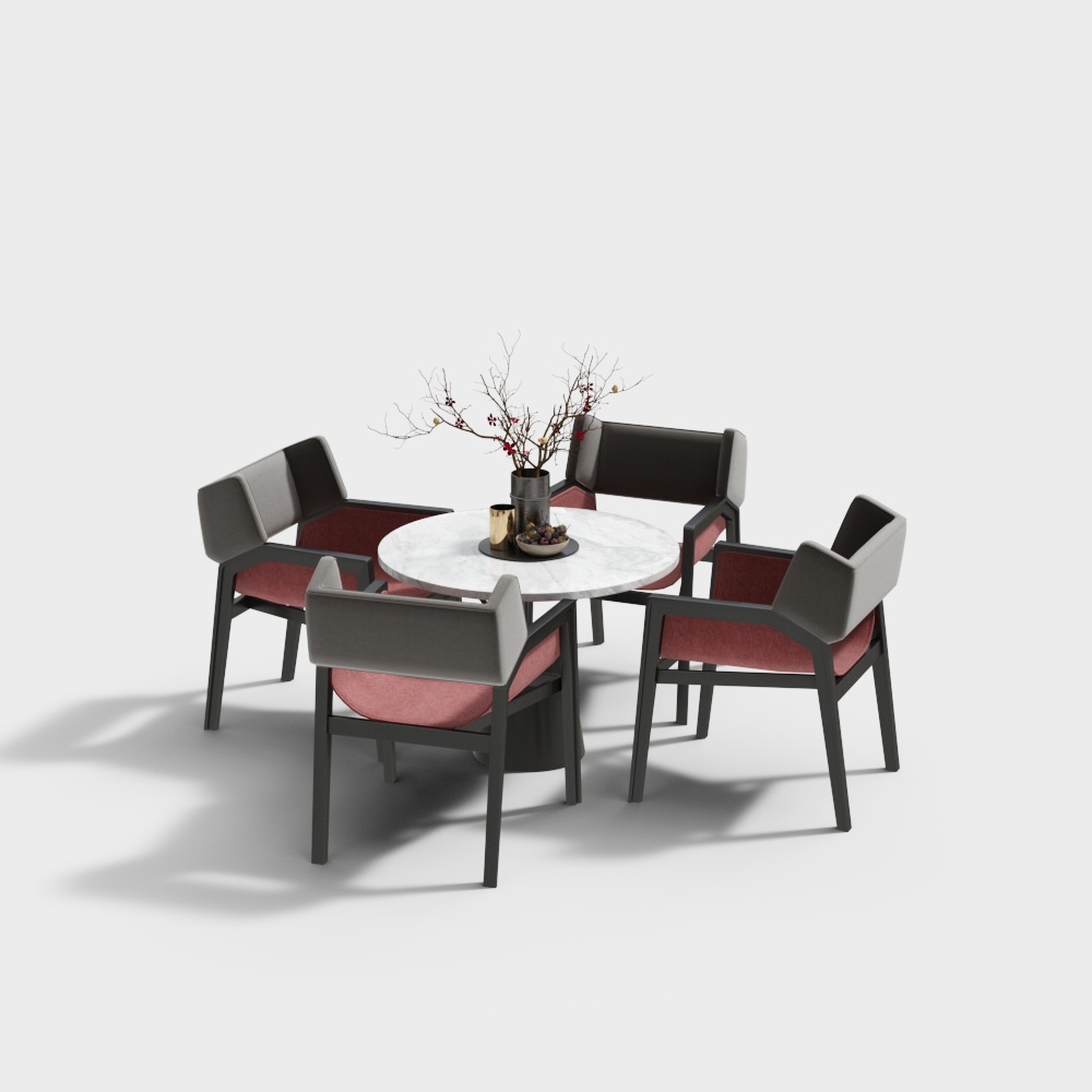 Modern round white marble dining table with four grey chairs on white background