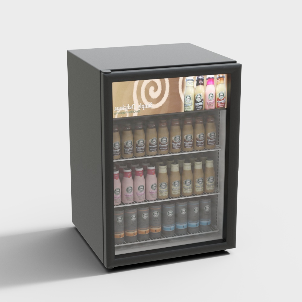 Black mini fridge with glass door full of colorful drink bottles on white background