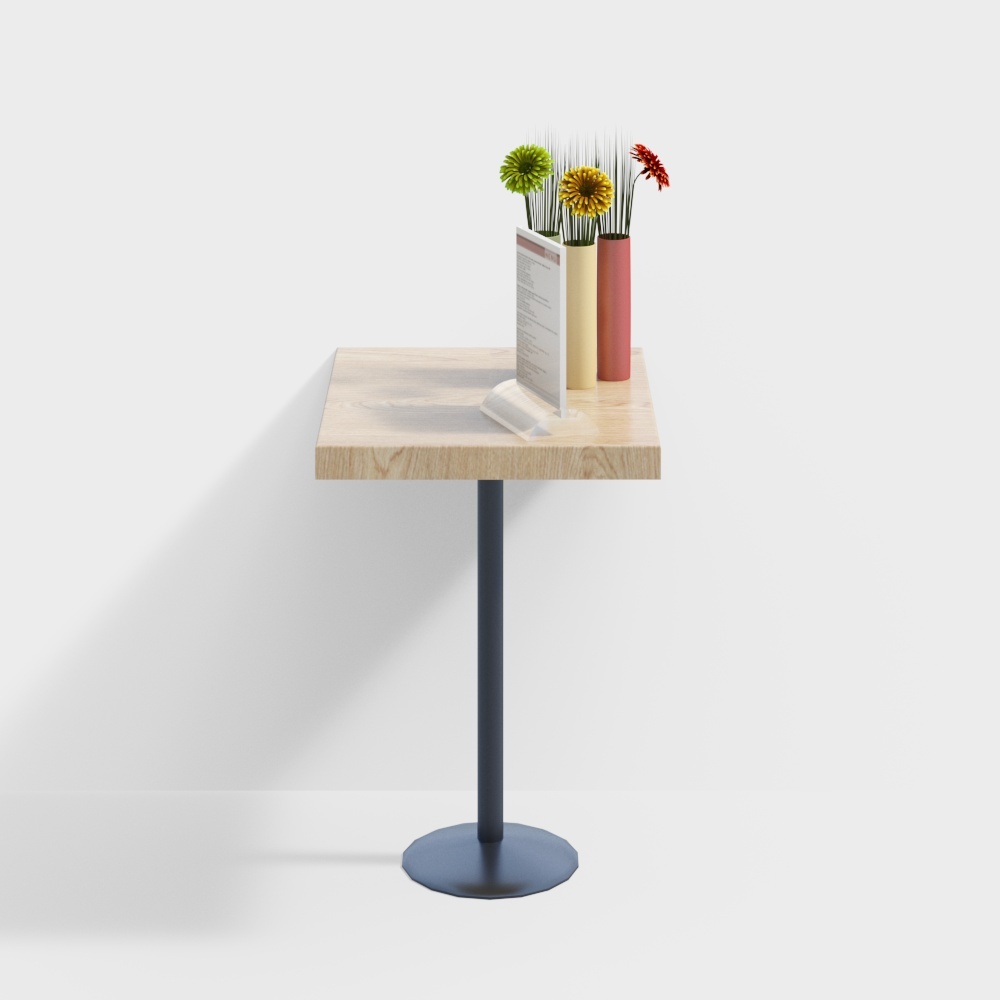 Modern square wooden table with black metal base and menu stand on white background