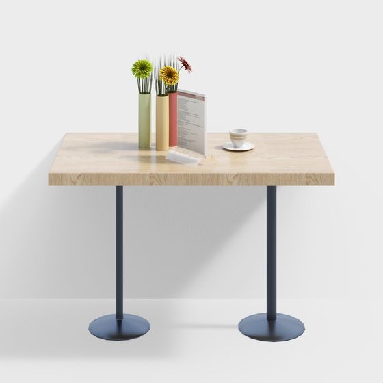 Modern light wood rectangular dining table with black metal legs on white background