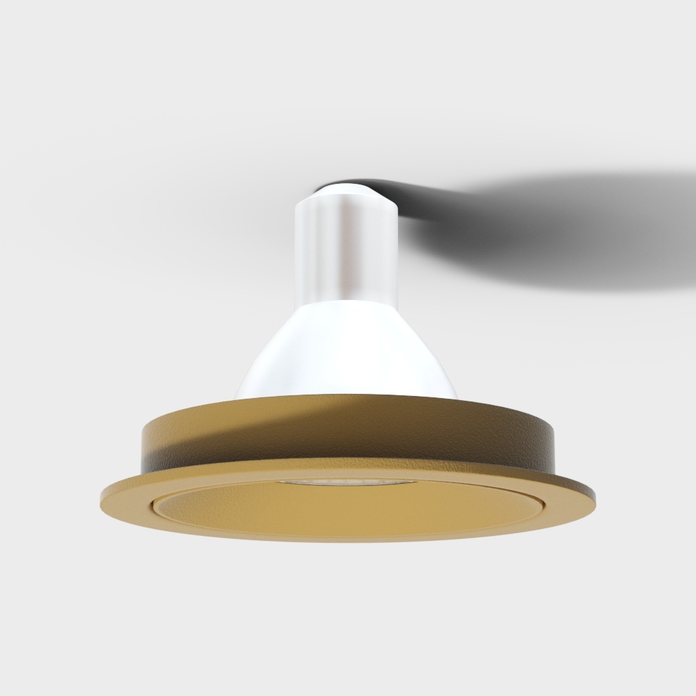 Modern white ceiling light with gold rim and black arm on grey background