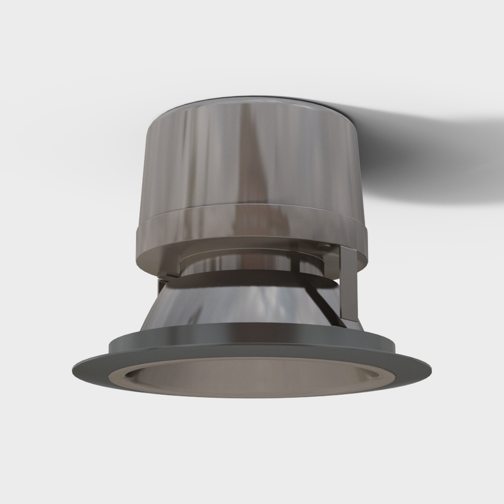 Modern round ceiling light with dark grey metal finish and white inner ring on white background