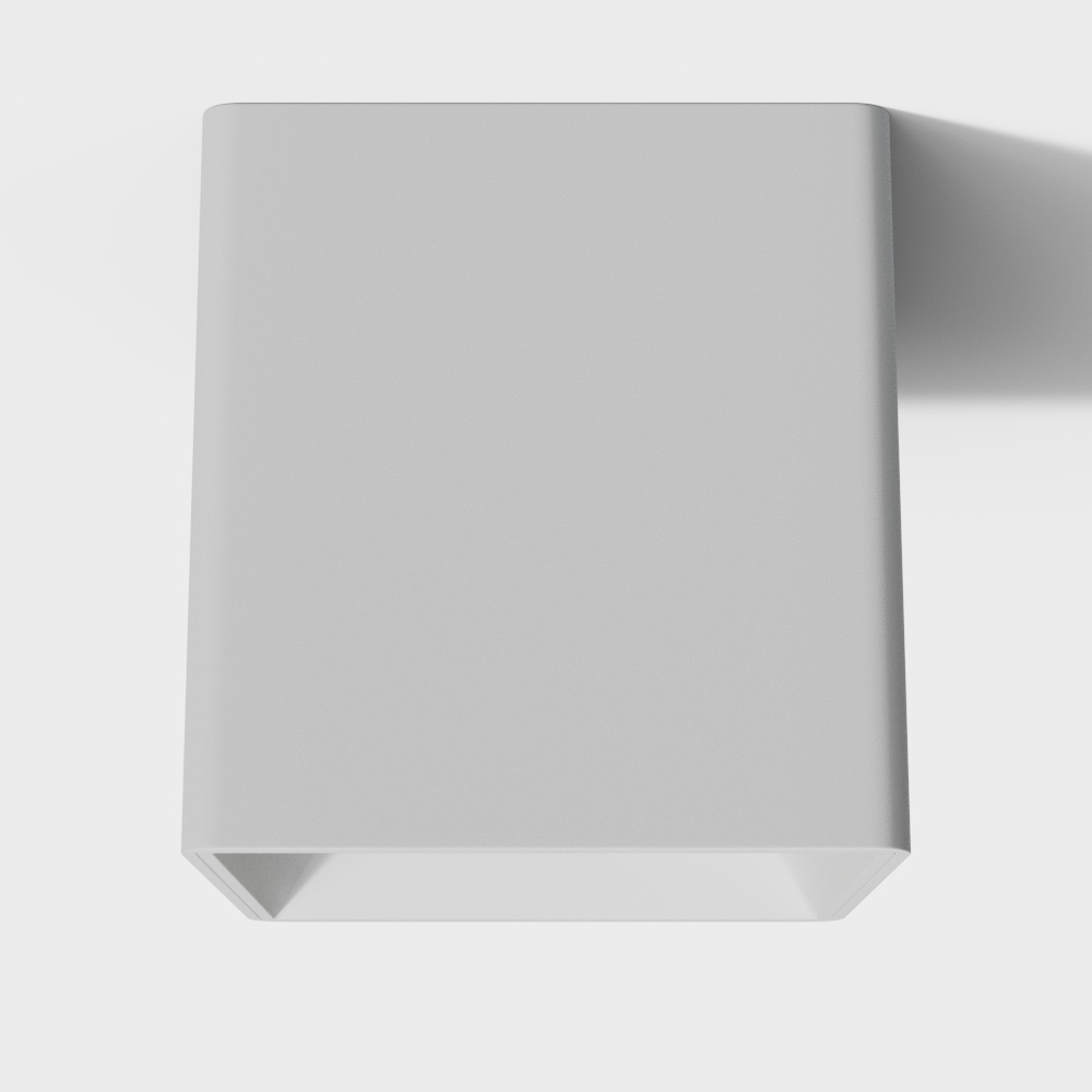 Modern white square wall light with matte finish and open bottom design on grey background