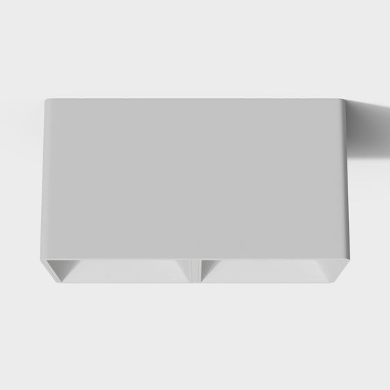 Modern white metal wall light with two angled lights on white background
