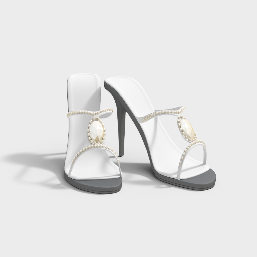 White high heel sandals with pearl straps and large crystal gems on grey background