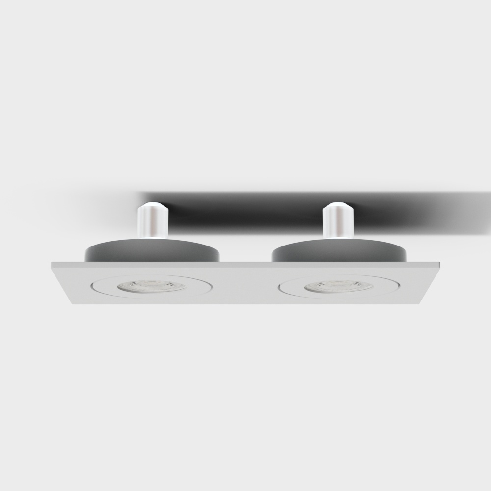 Modern white square ceiling light fixture with two round bulbs and grey housing on white background