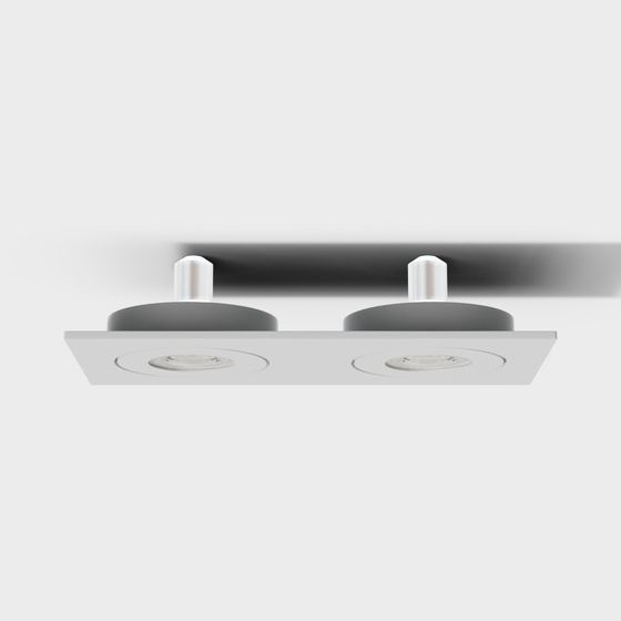 Modern white square ceiling light fixture with two round bulbs and grey housing on white background