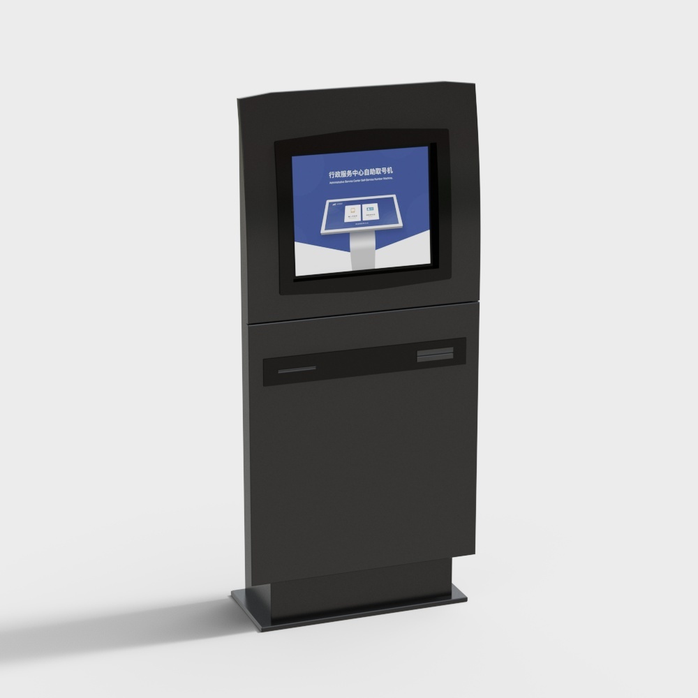 Black metal self-service kiosk with digital screen and card slot on white background