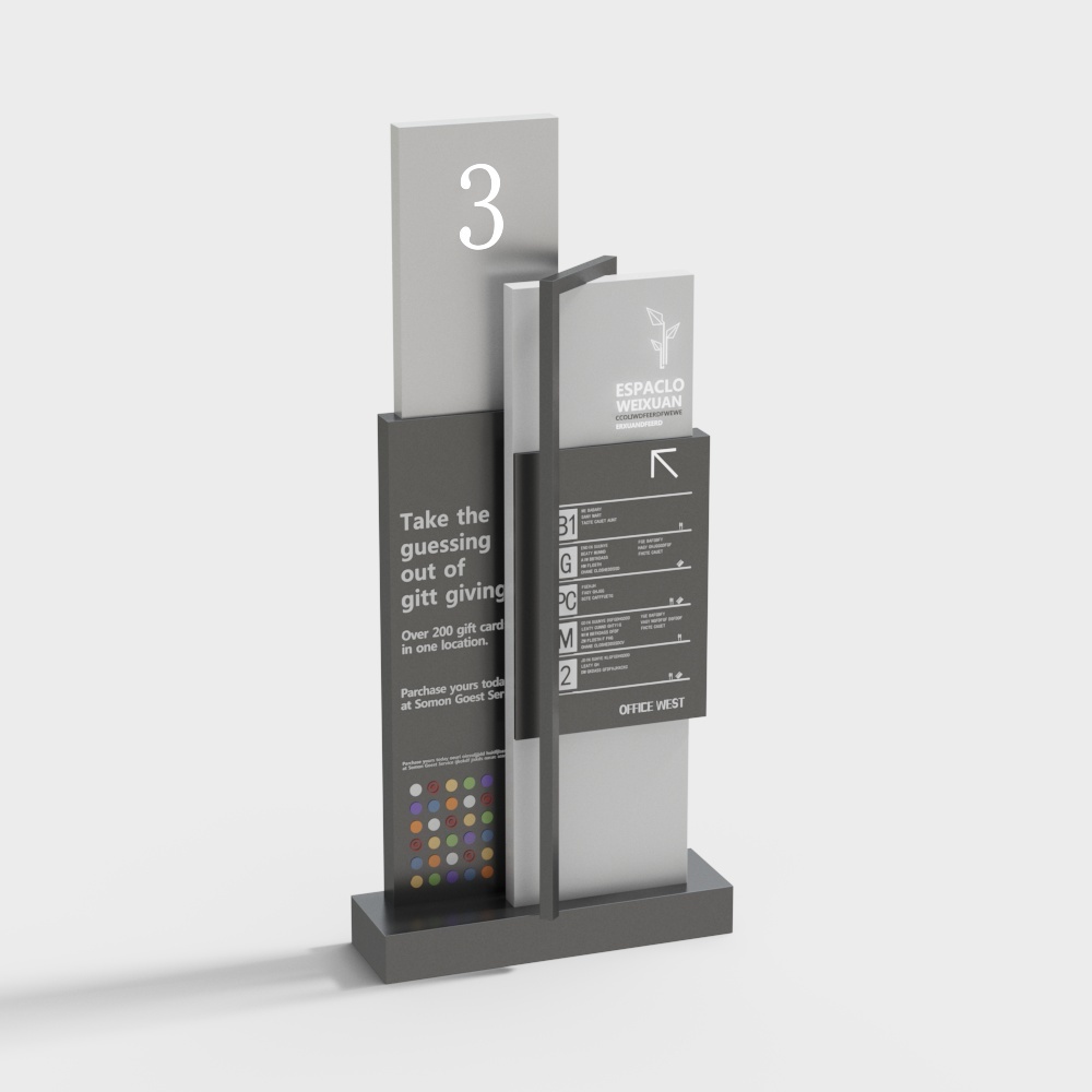 Modern grey and silver mall directory sign stand with digital display panels on white background