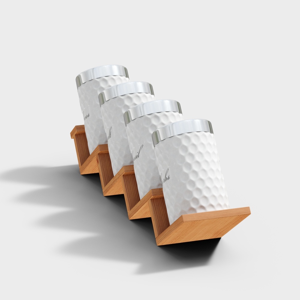 Wooden wall rack holding four white textured jars with silver lids on grey background