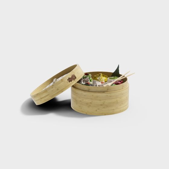 Round bamboo steamer basket with colorful food and chopsticks on white background
