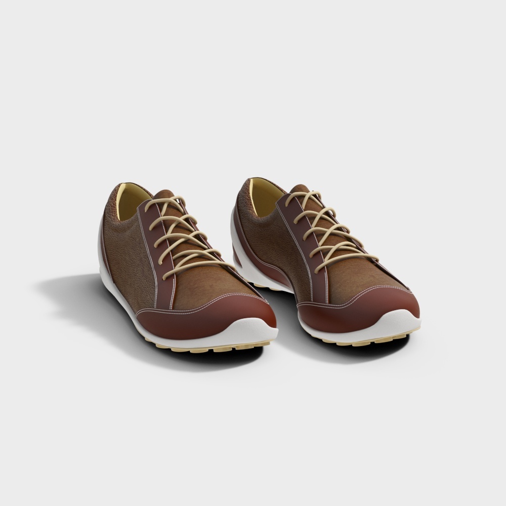 Pair of brown leather casual sneakers with white soles and beige laces on grey background