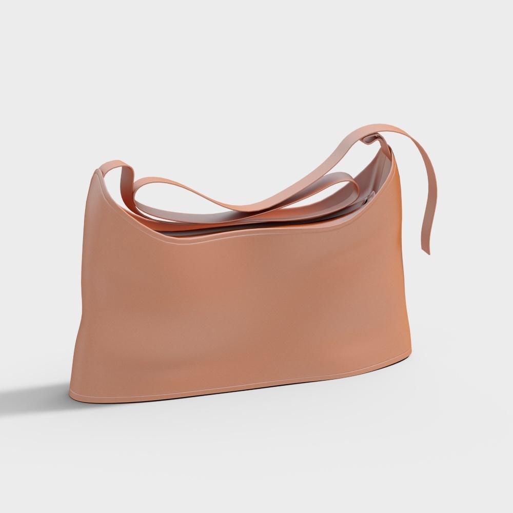 Modern light brown leather shoulder bag with long strap and curved shape on white background