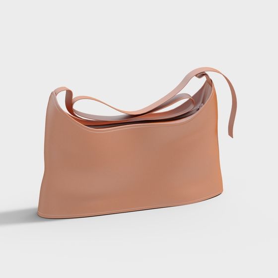 Modern light brown leather shoulder bag with long strap and curved shape on white background