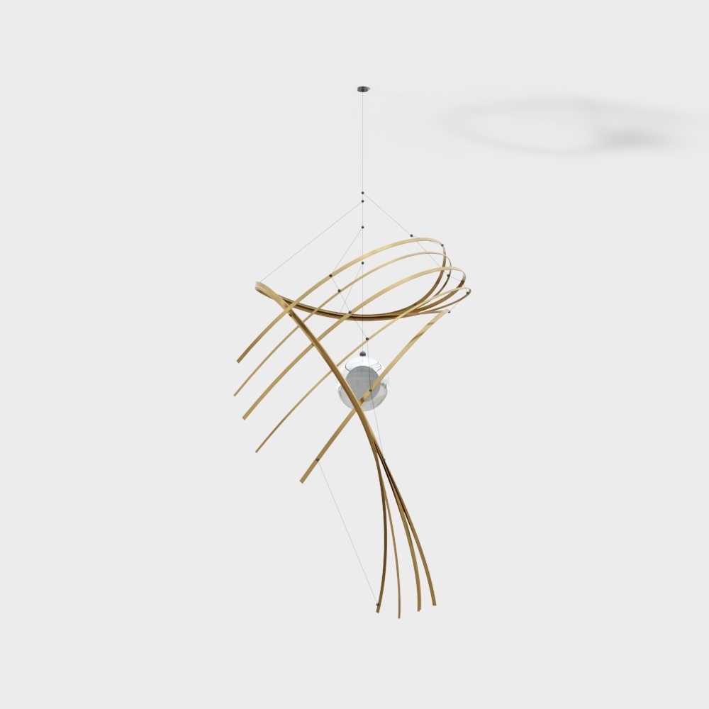 Modern gold metal ceiling light with round glass bulb and curved frame on white background