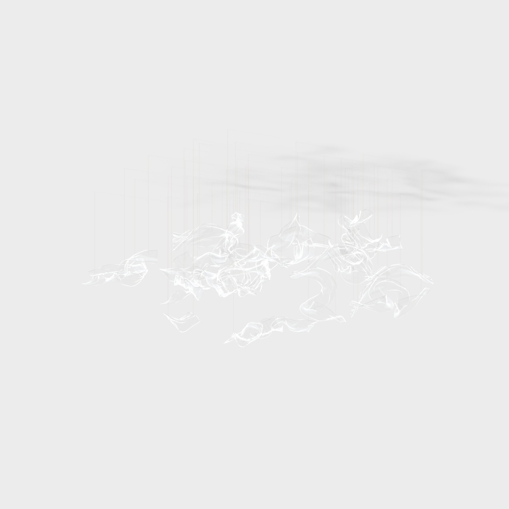 Abstract white fluid sculpture with vertical lines on light grey background
