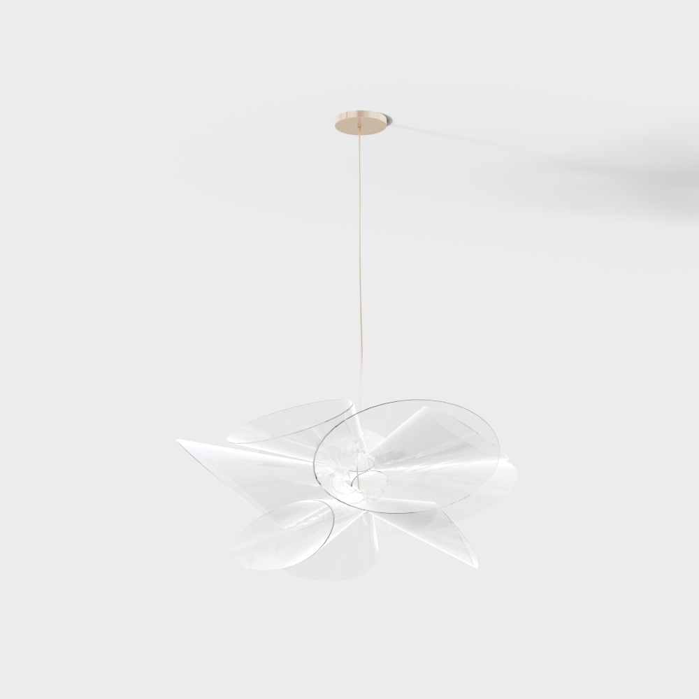 Modern clear glass ceiling light with gold base and twisted blades on white background