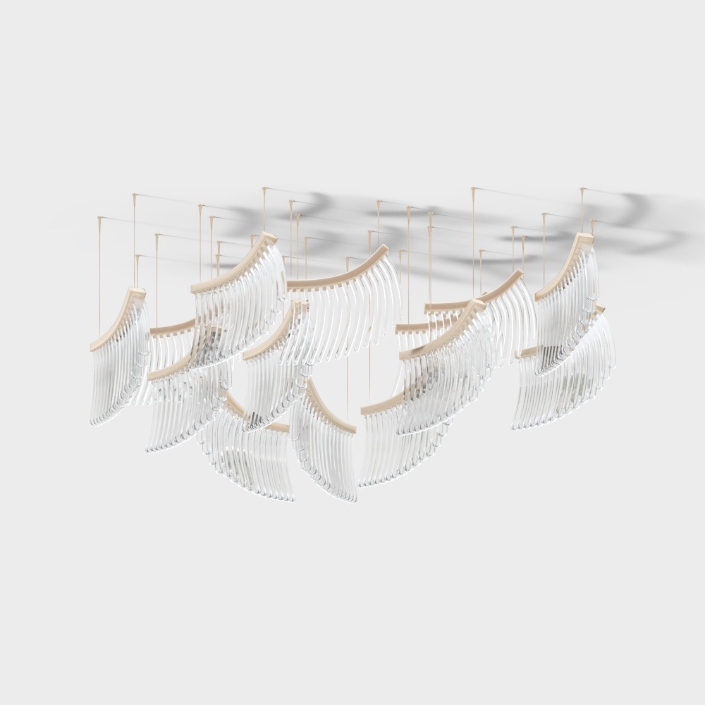 Modern ceiling light with clear glass curves and gold metal frame on white background