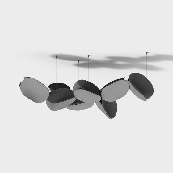 Modern black metal ceiling light with round discs on white background
