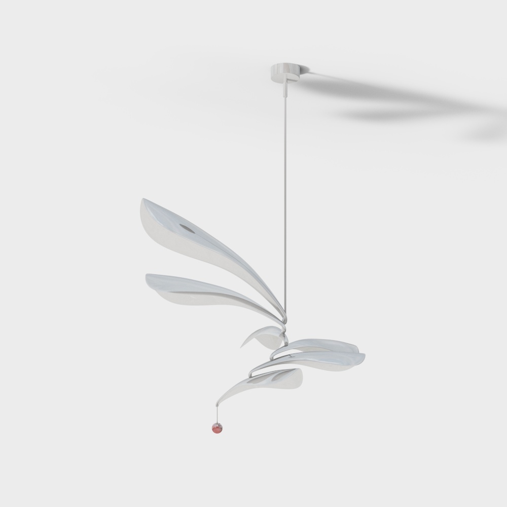 Modern white ceiling light with curved leaf shapes and small red ball on grey background