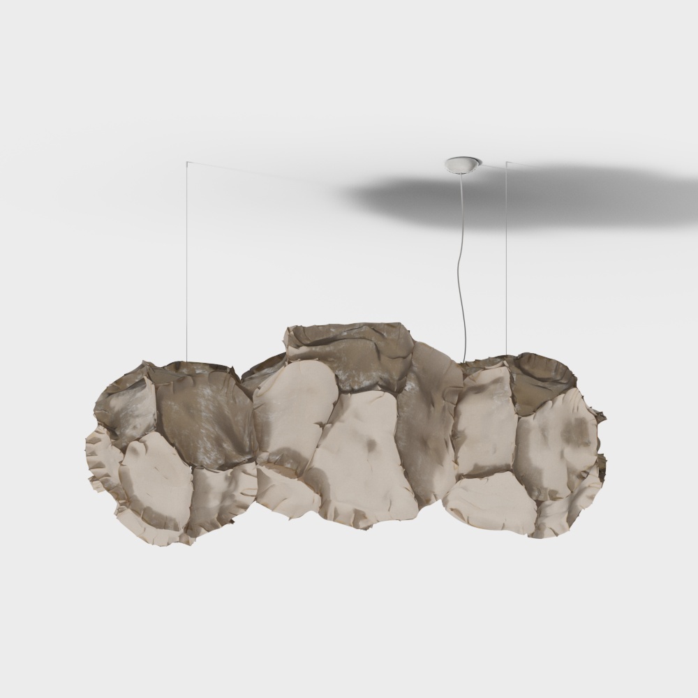 Modern hanging ceiling light with beige fabric shade on white background