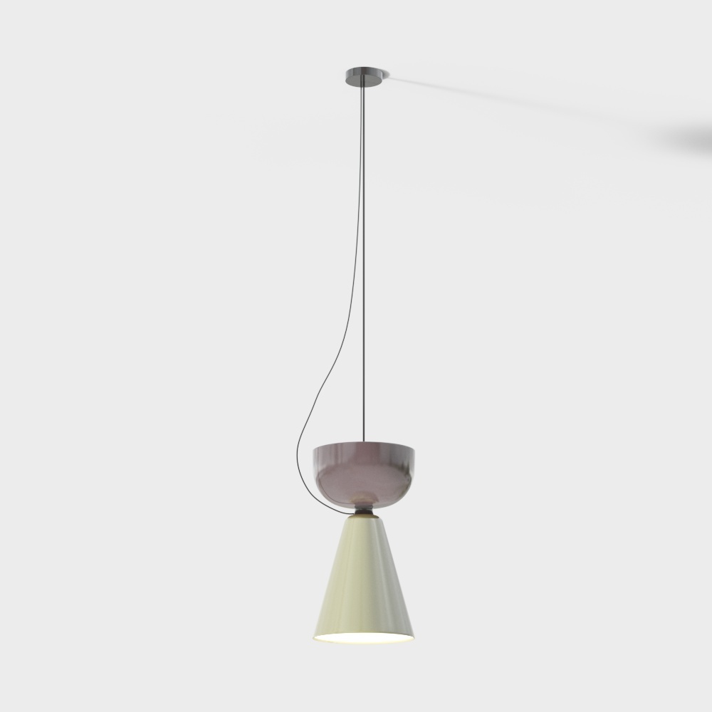 Modern pendant light with cream cone shade and pink bowl on grey background