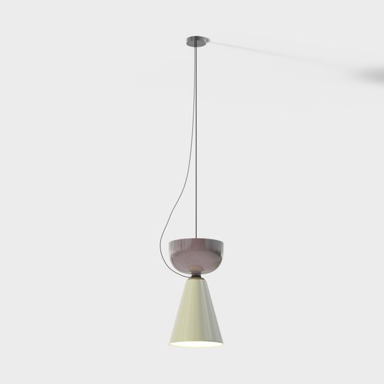 Modern pendant light with cream cone shade and pink bowl on grey background