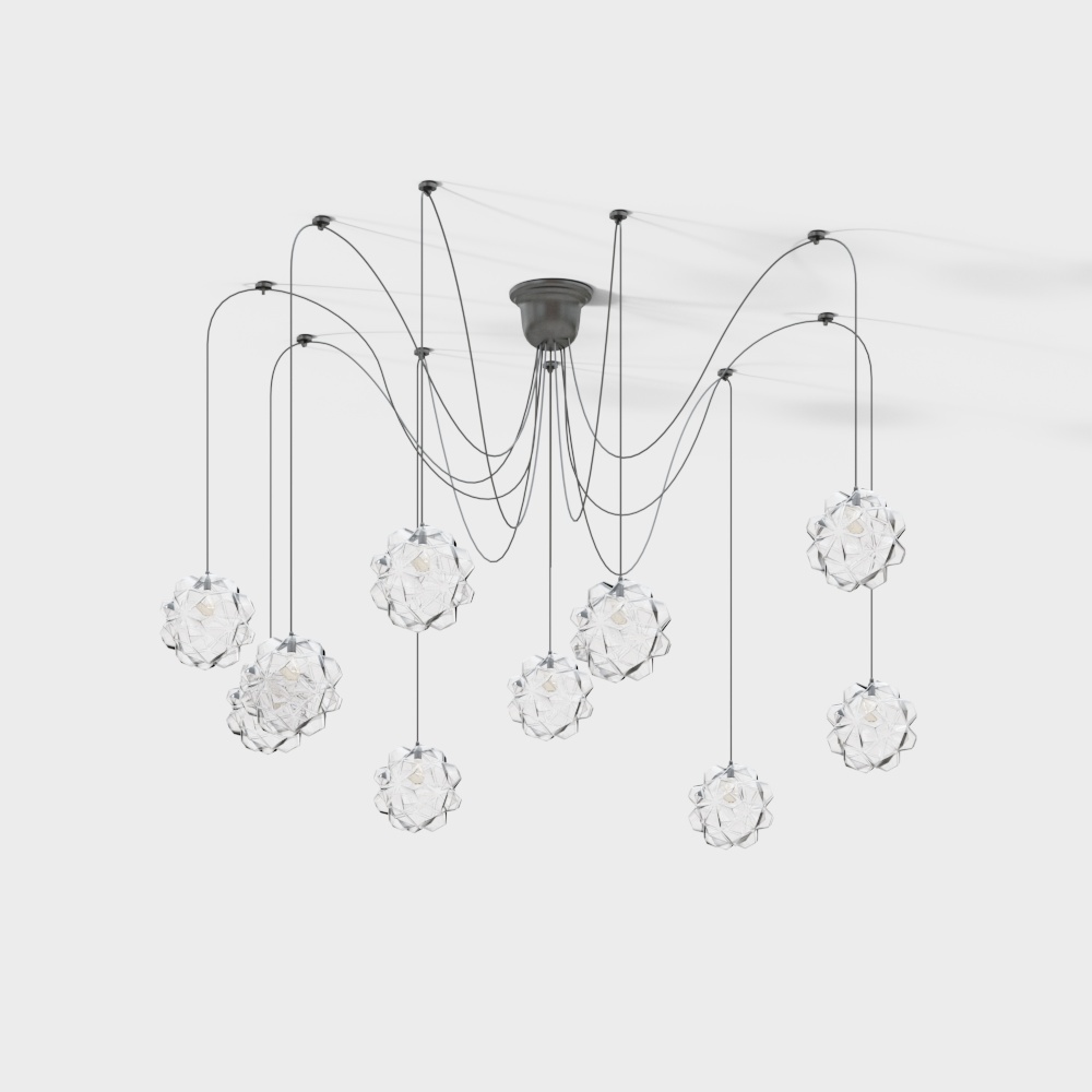 Modern ceiling light with nine clear glass globes and thin black wires on white background