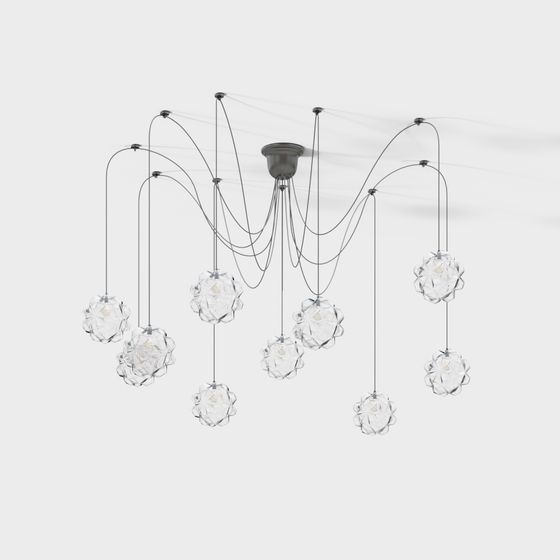Modern ceiling light with nine clear glass globes and thin black wires on white background