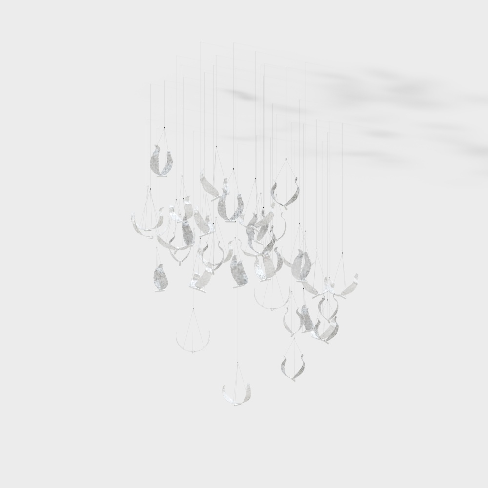 Silver moon mobile ceiling light with curved shapes hanging on white background