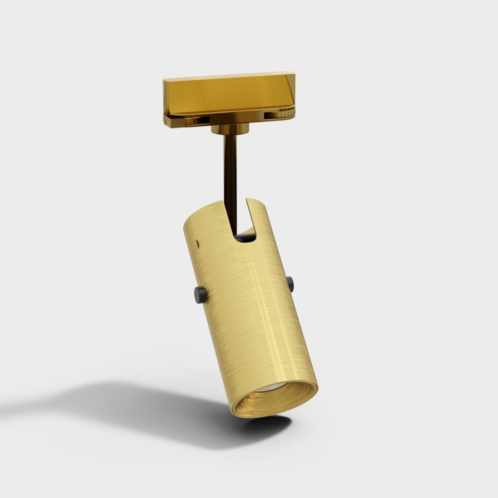 Modern gold metal ceiling light with cylindrical shade and black details on white background