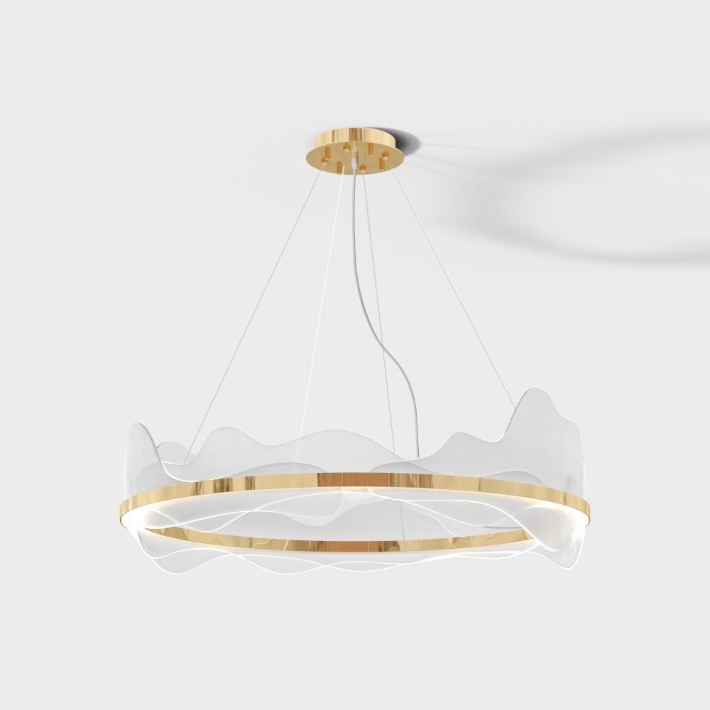 Modern gold ceiling light with white wavy glass shade and round frame on white background