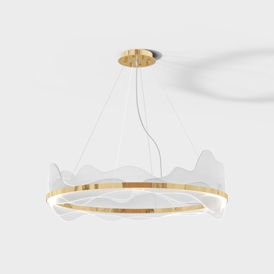 Modern gold ceiling light with white wavy glass shade and round frame on white background