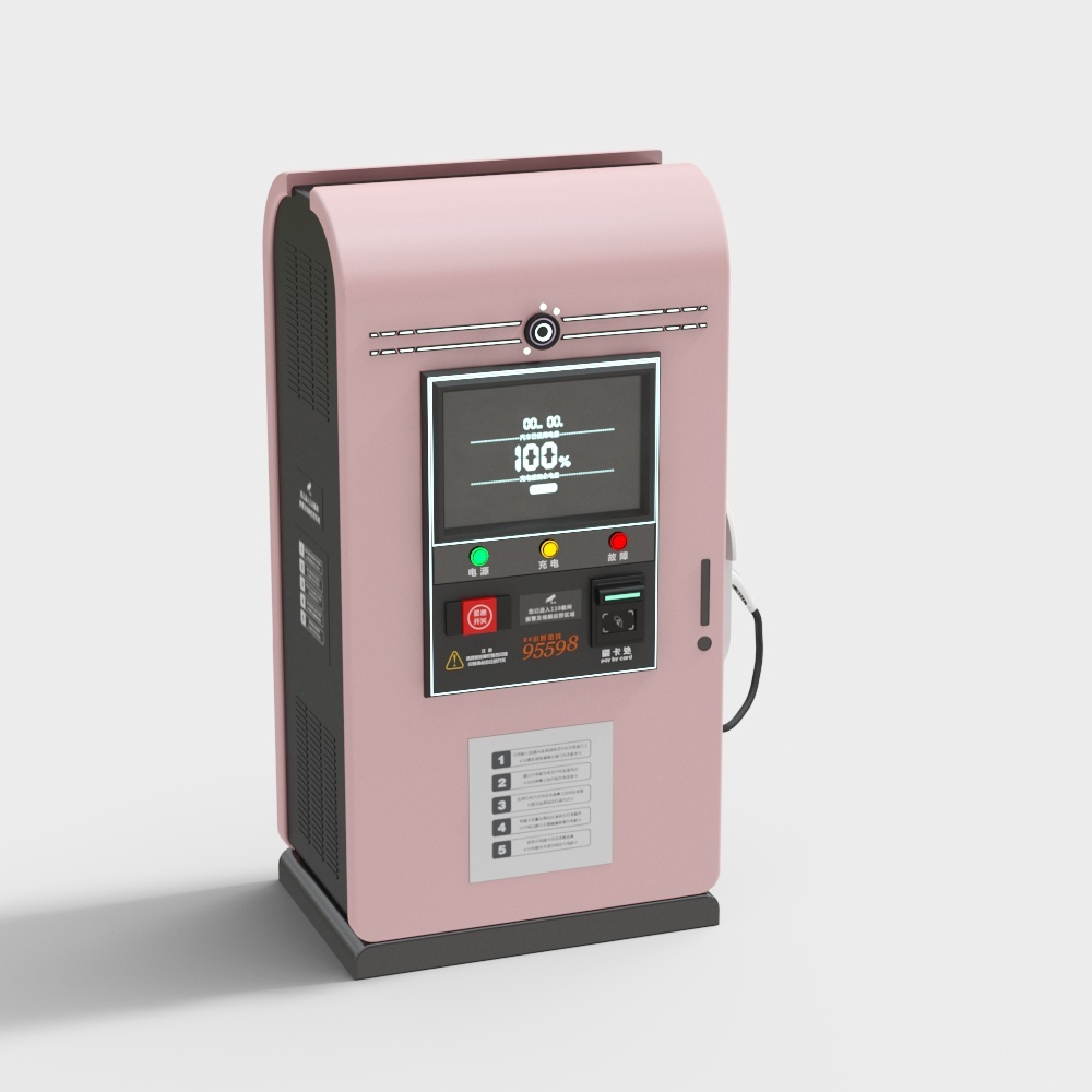 Pink electric vehicle charging station with digital screen and black base on white background