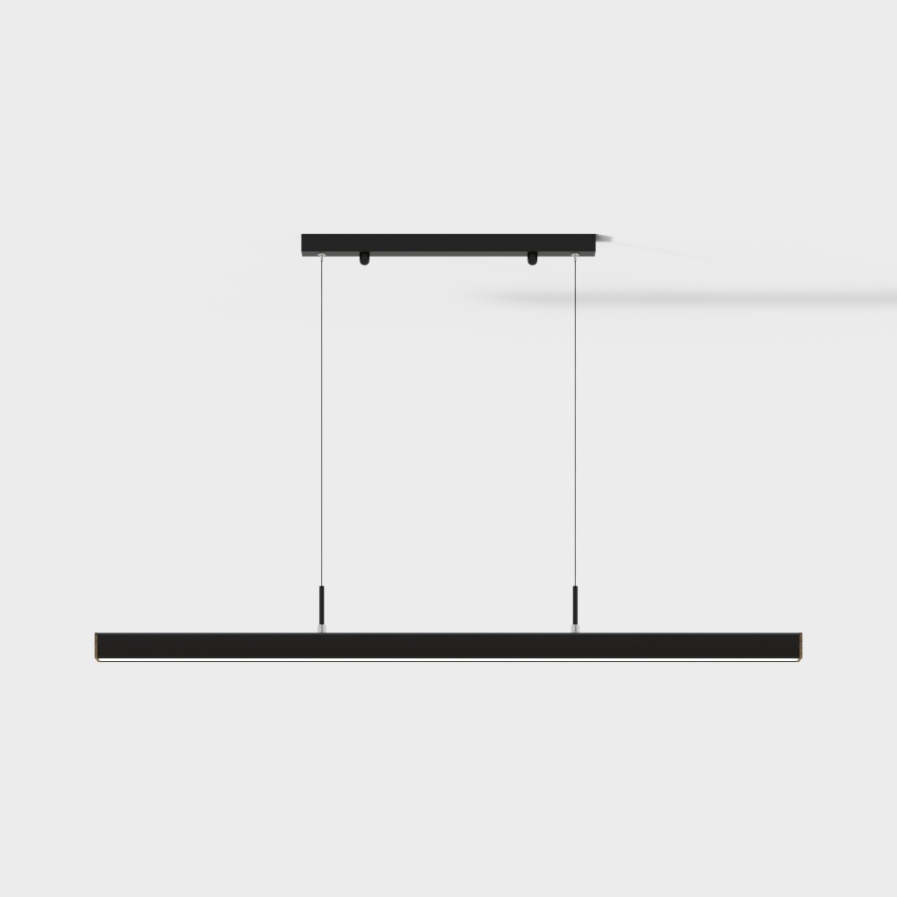 Modern black linear ceiling light fixture with thin hanging wires on grey background
