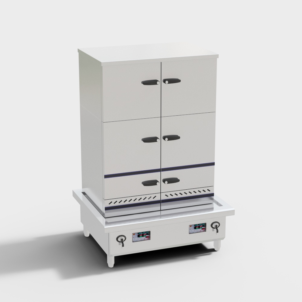 White metal cabinet with six doors and control panel on grey background