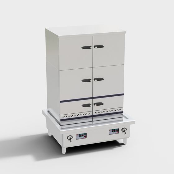 White metal cabinet with six doors and control panel on grey background