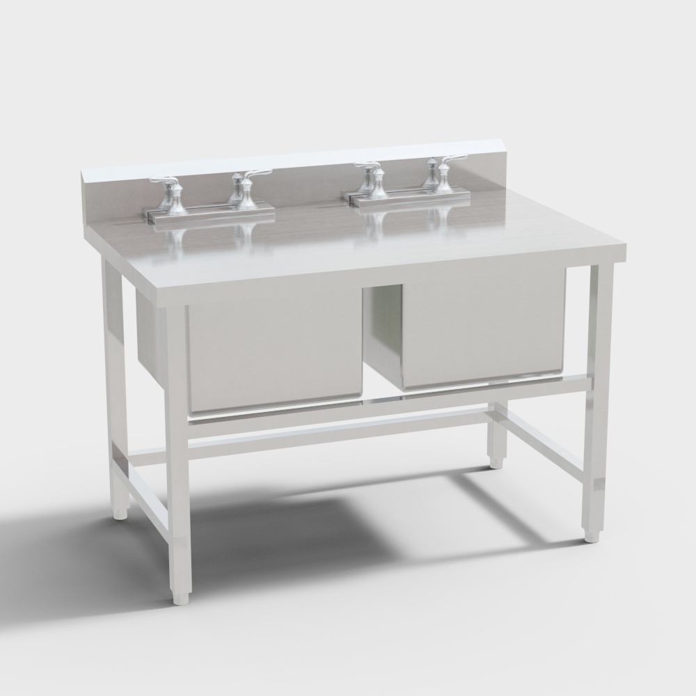 White commercial double sink unit with silver faucets and metal legs on white background