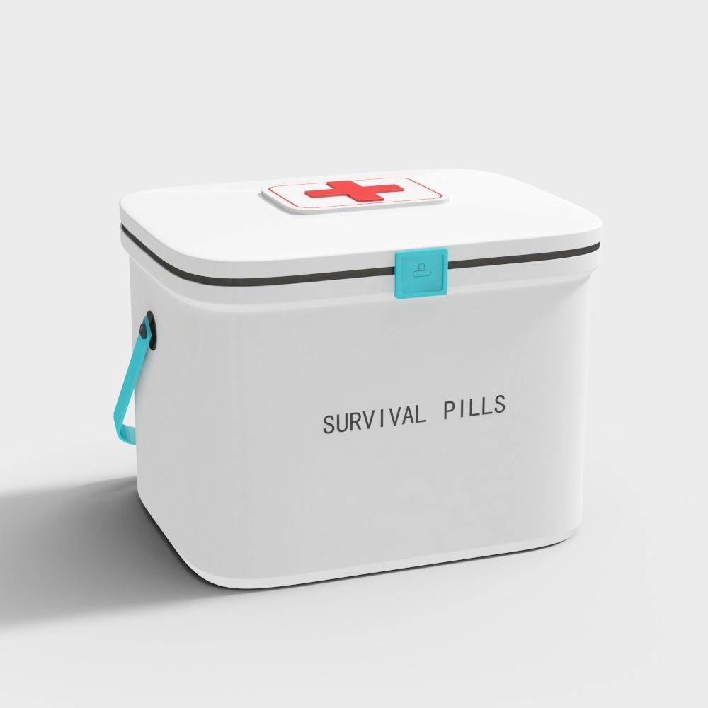 White plastic survival kit box with blue handle and red cross on light grey background