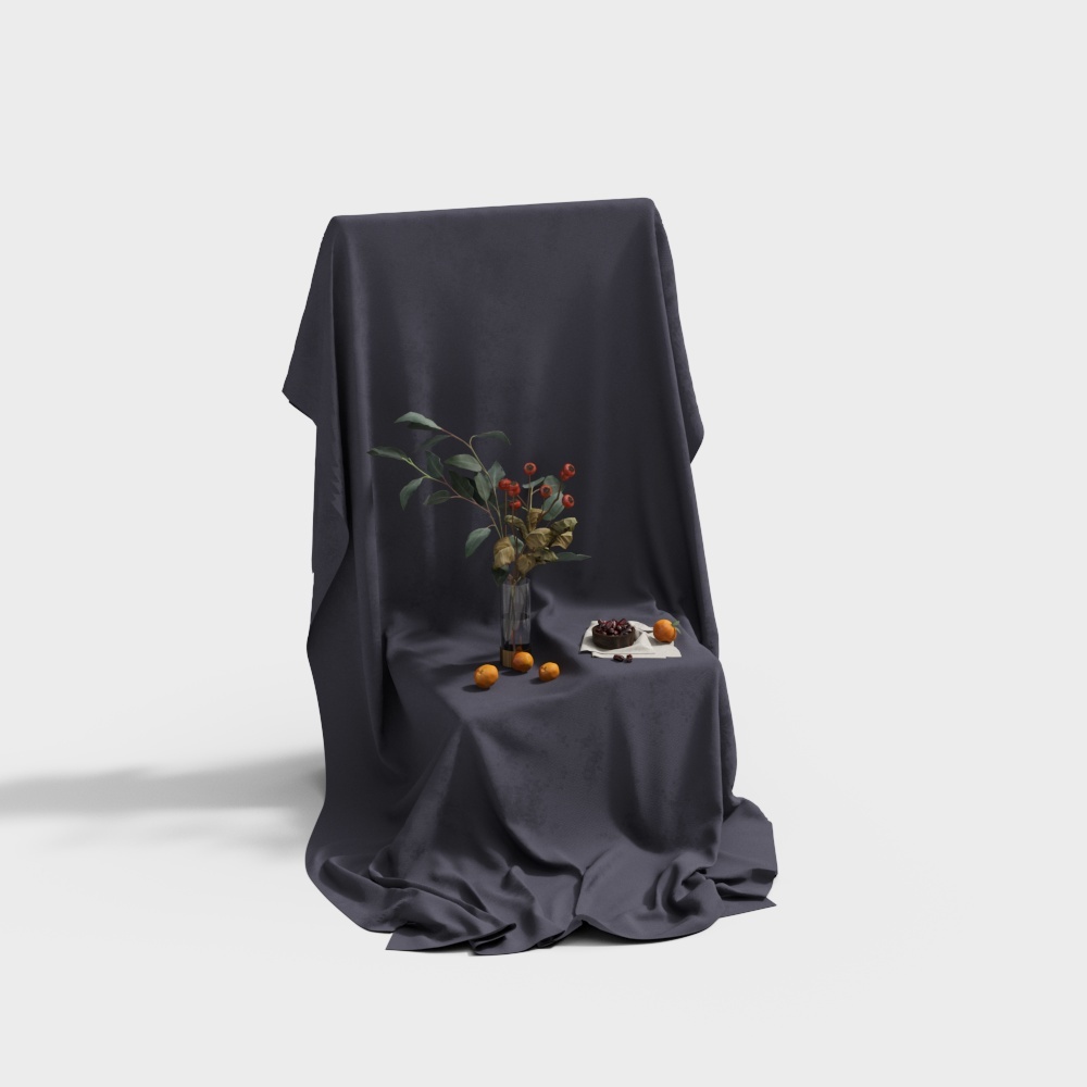 Dark grey fabric draped over table with vase of red berries and oranges on white background