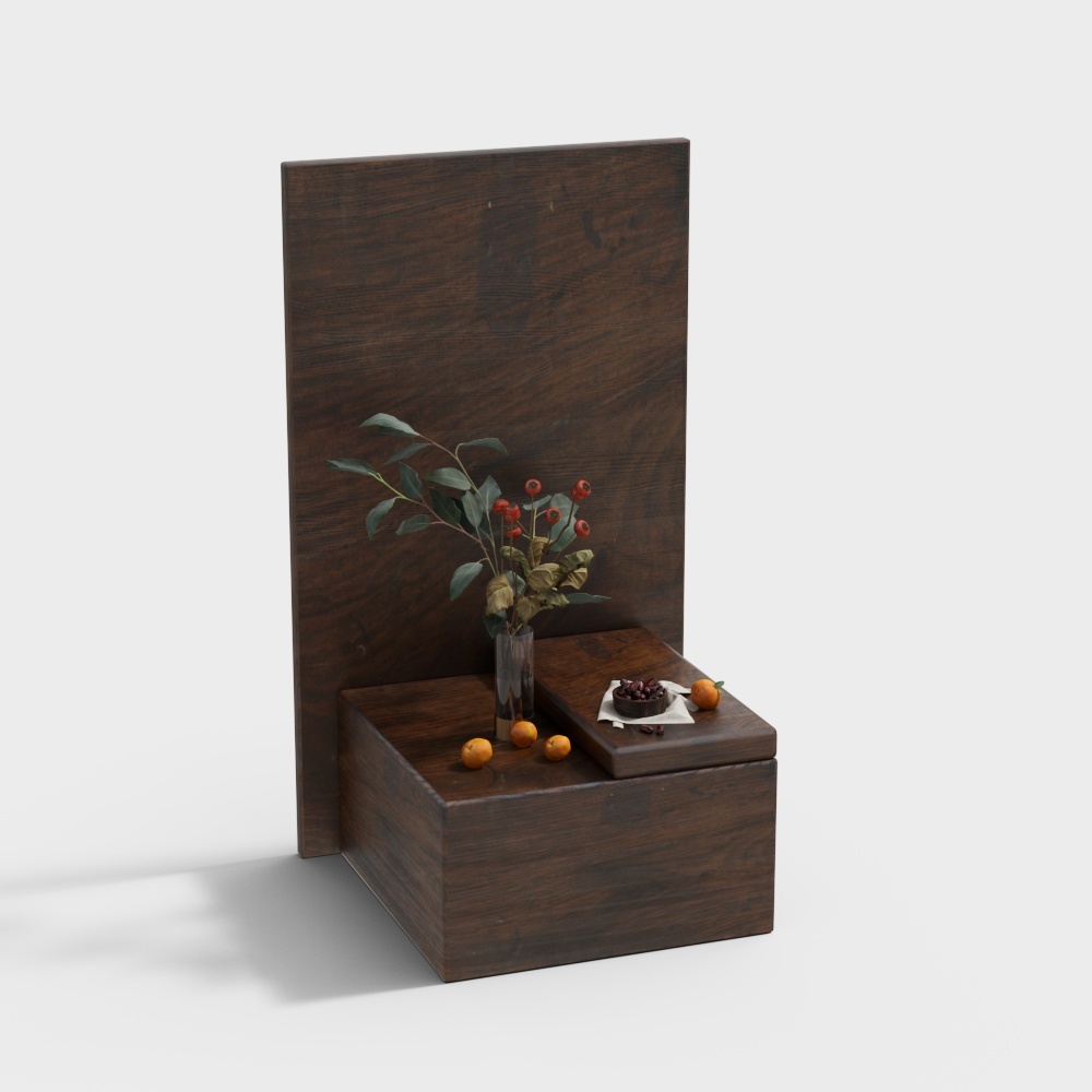 Dark brown wooden display stand with plant and fruit on white background