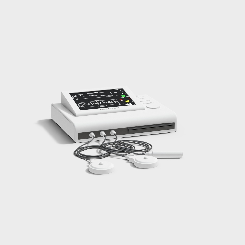White fetal monitor machine with screen and sensors on light grey background