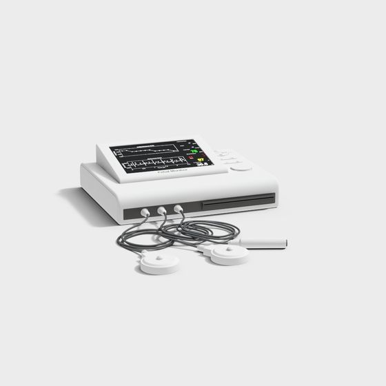 White fetal monitor machine with screen and sensors on light grey background