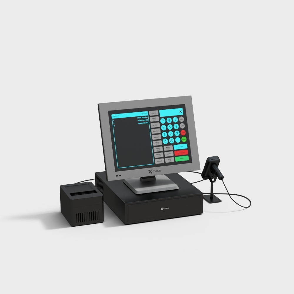 Black point of sale system with touchscreen monitor and receipt printer on white background